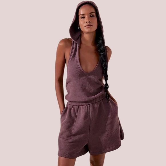 Free People Pants - FREE PEOPLE Beach Halter hooded shorts romper Soft Terry plum color Sz XS